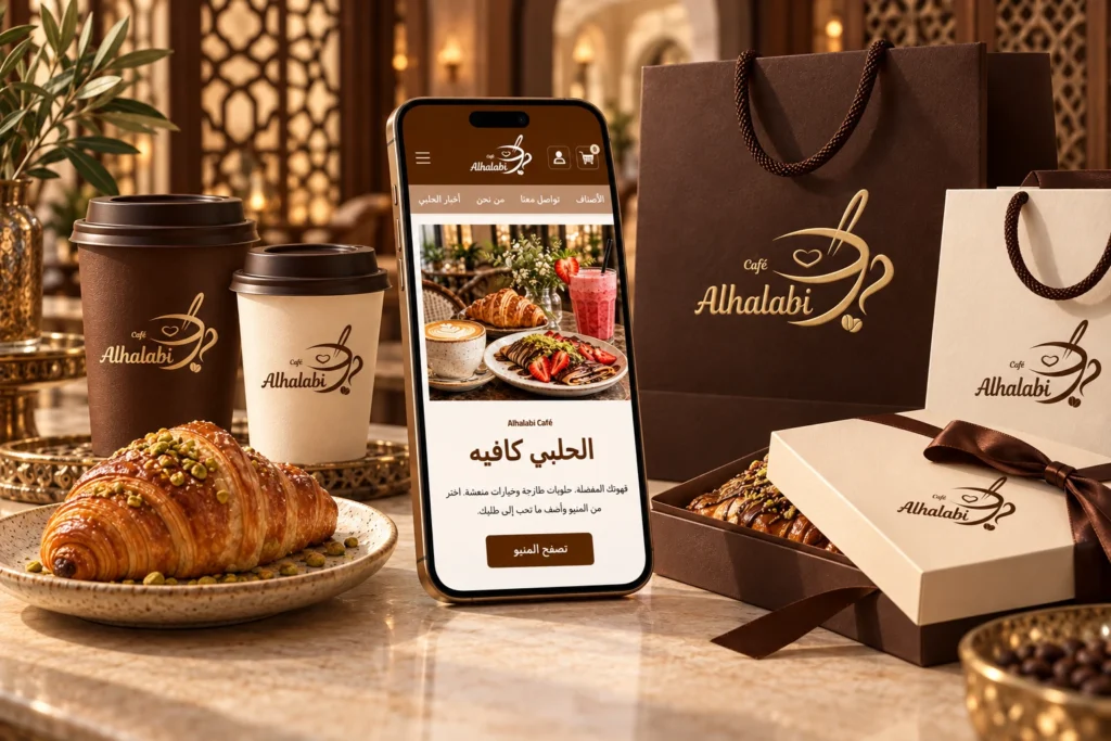 موقع الحلبي على الجوال مع أكواب وأكياس وعلبة حلويات بتصميم فاخر يحمل شعار المقهى